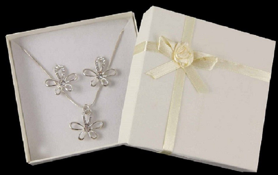 Boxed Diamante Flower Pendant and Earrings Set