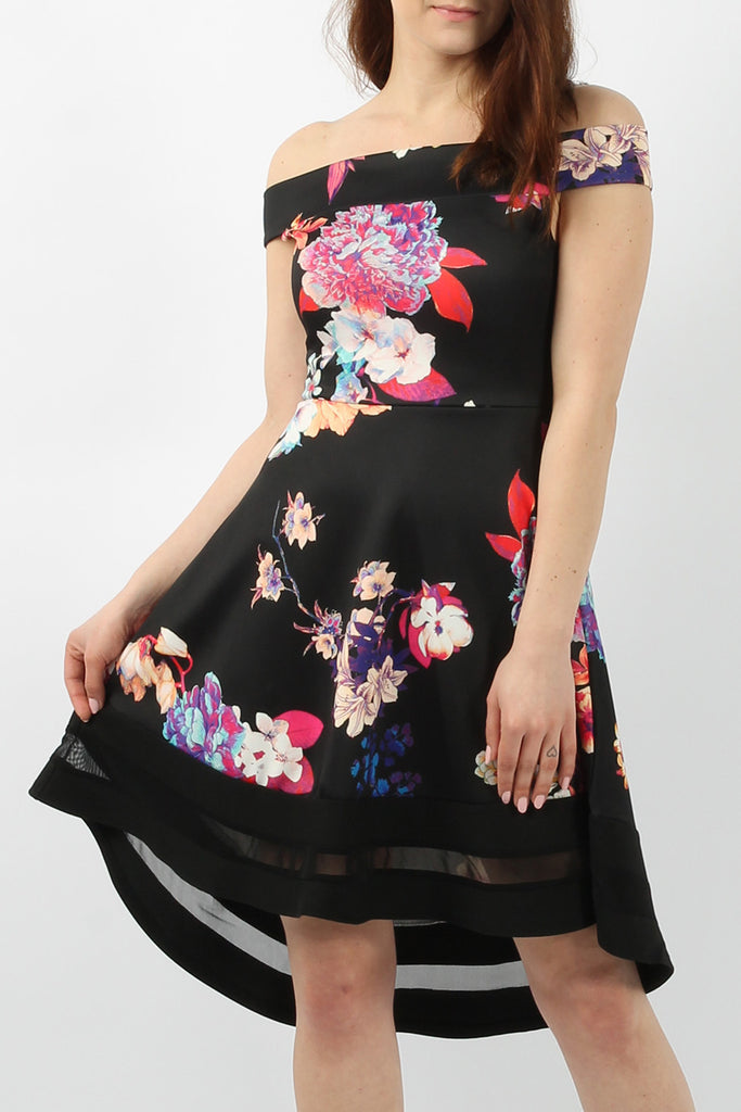 Black High Low Floral Print Bardot Skater Dress