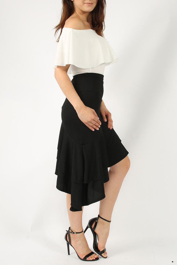 Ruffle Asymmetric Midi Skirt Black