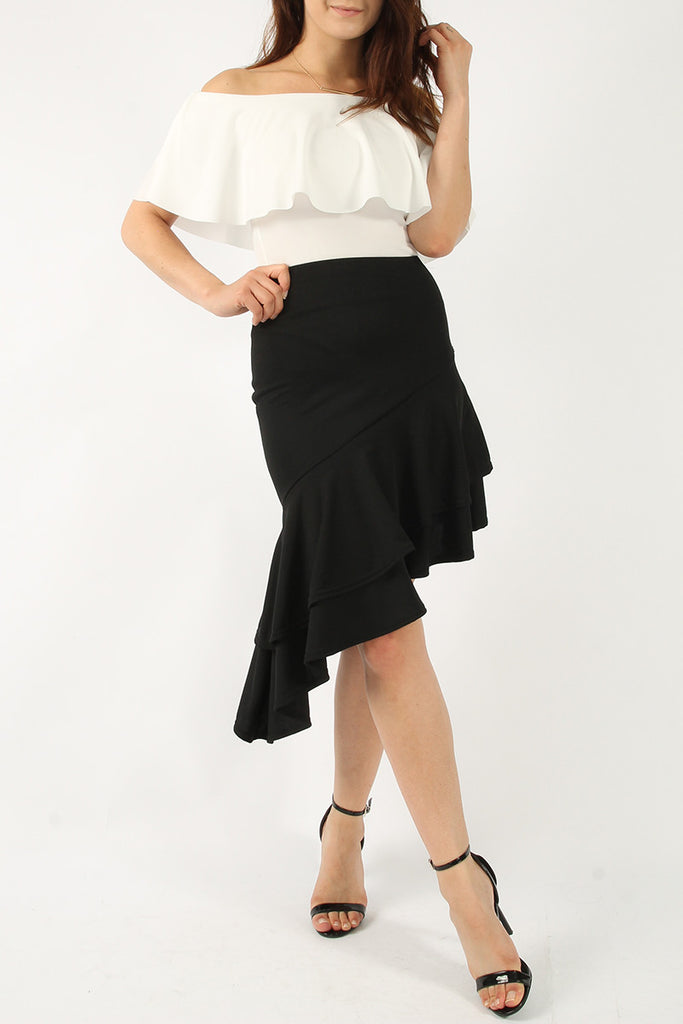 Ruffle Asymmetric Midi Skirt in Black