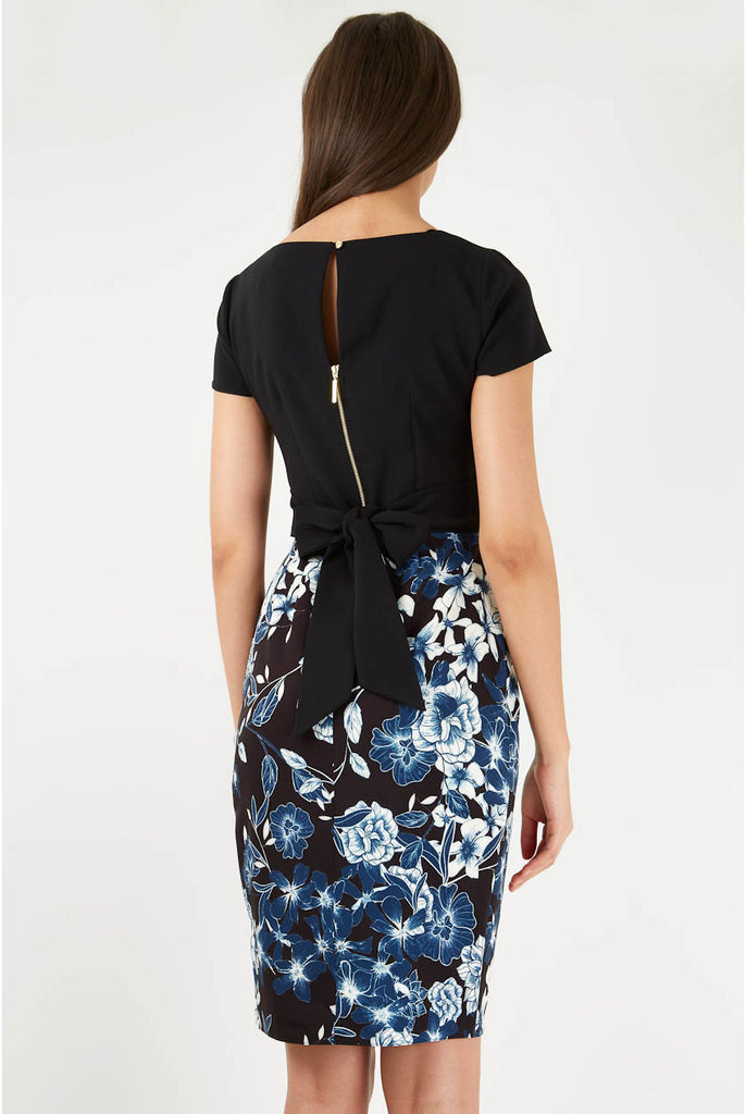 Black Contrast Floral Drape Skirt Dress
