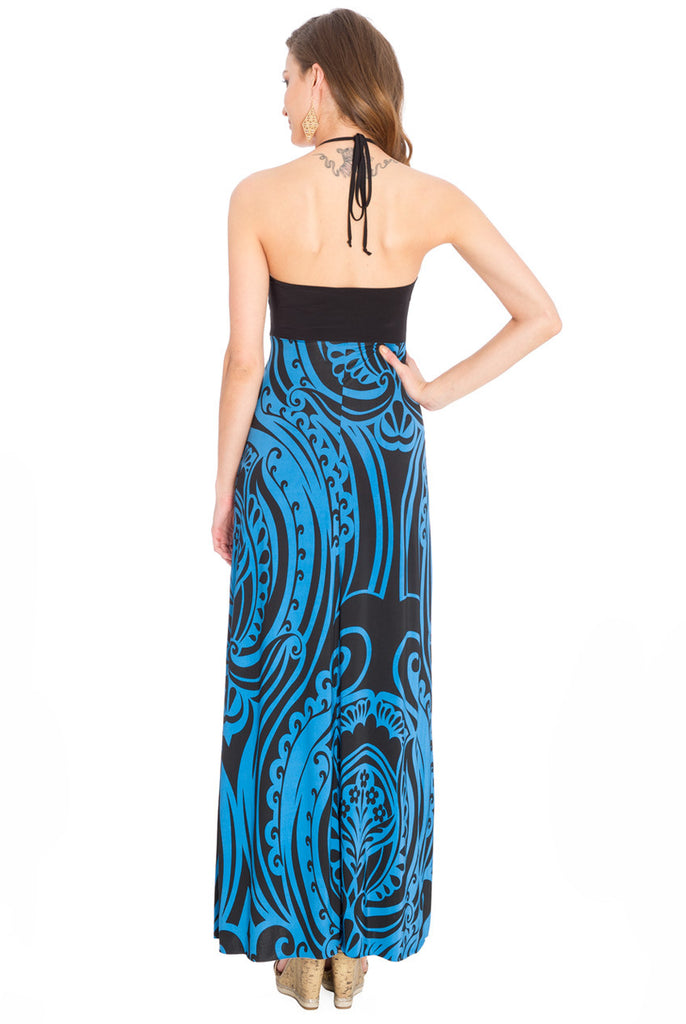 Blue and Black Halter Neck Print Maxi Dress