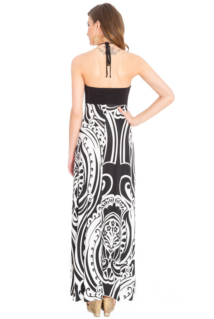 Black and White Halter Neck Print Maxi Dress