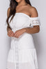 Close Up Front View Of White Lace Trim Bardot Maxi Dress