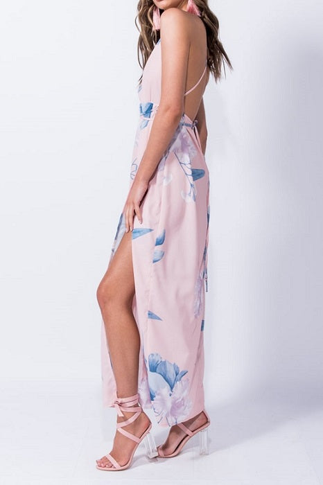 Full Length Side View of Nude Floral Print Thigh Split Maxi Dress