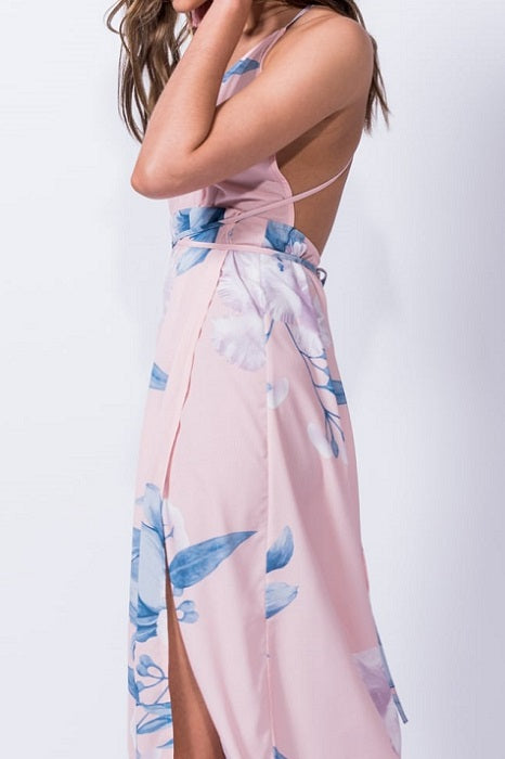 Close up Side View of Nude Floral Print Thigh Split Maxi Dress