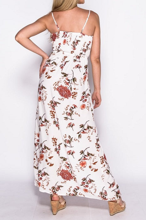 White Floral Print Tie Detail Maxi Dress