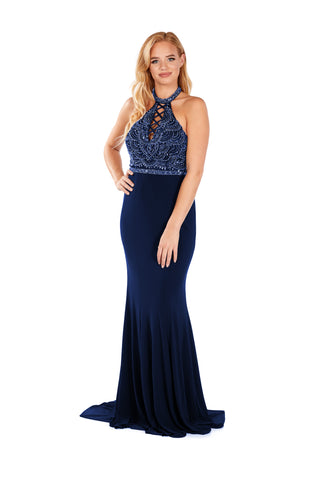 Sabrina - Slinky Fitted Jersey And Lace Halter Neckline Gown