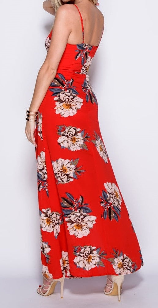 Full Length Back View of Red Floral Print Thigh Split Maxi Dress