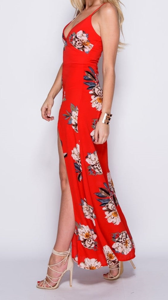 Full Length Side View of Red Floral Print Thigh Split Maxi Dress