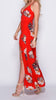 Full Length Side View of Red Floral Print Thigh Split Maxi Dress