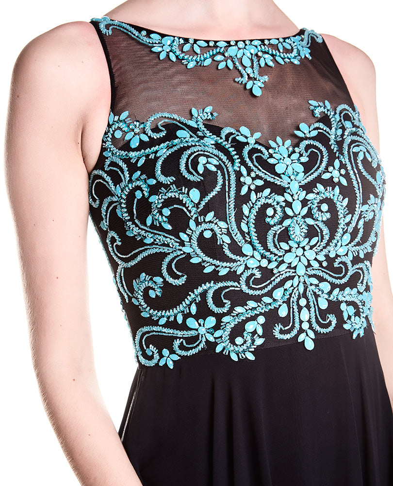 Karen - Black Turquoise Beaded Bodice With Chiffon Skirt