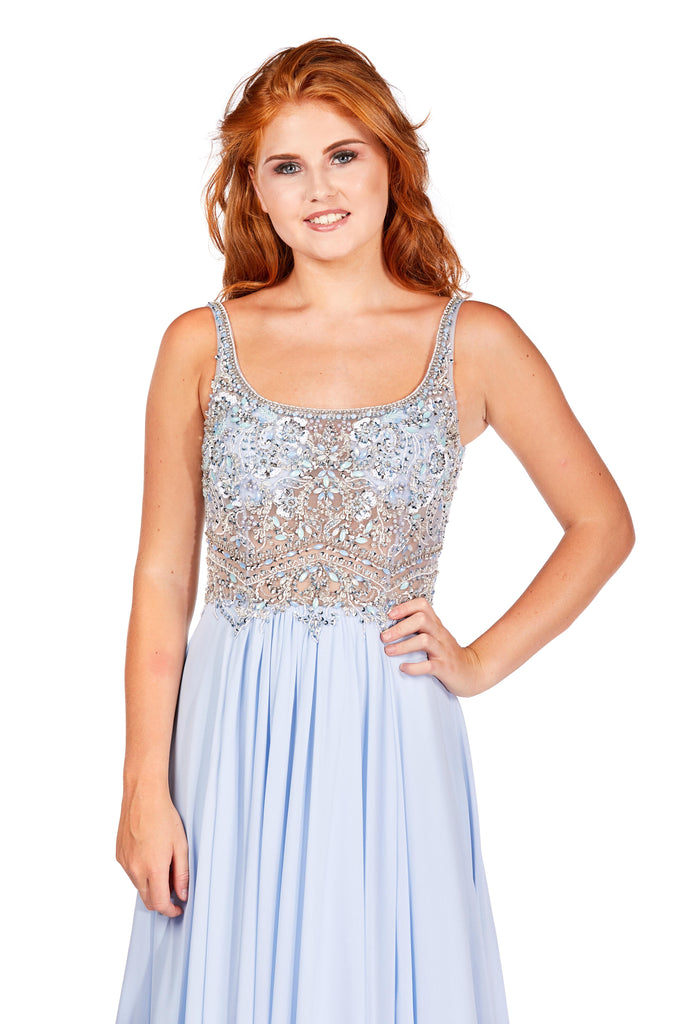 Katie - Beaded Pale Blue Bodice With Full Chiffon Skirt.