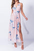 Full Legth Front View of Nude Floral Print Thigh Split Maxi Dress