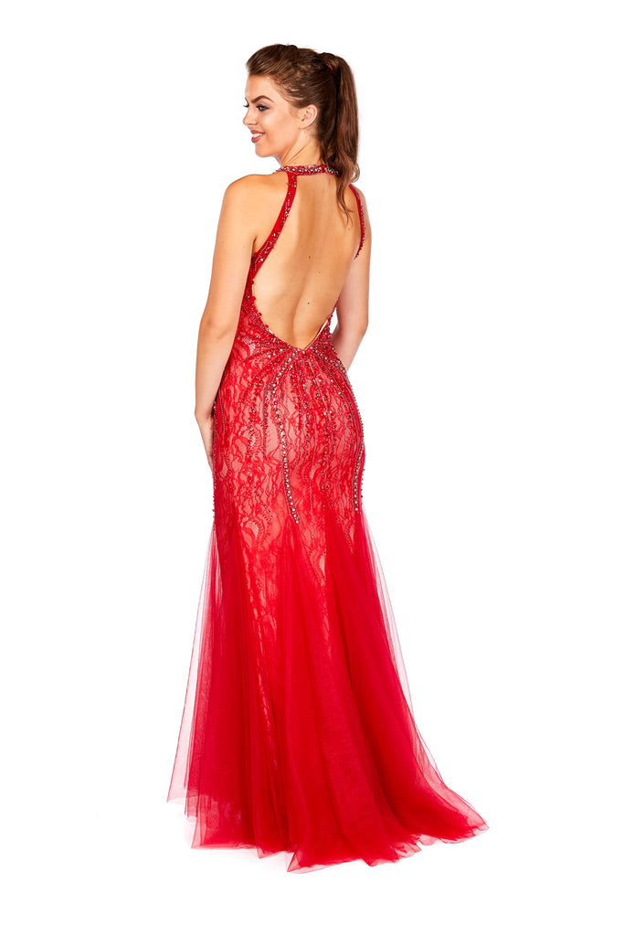 Maya - Red Tulle And Jersey Beaded Fishtail Dress