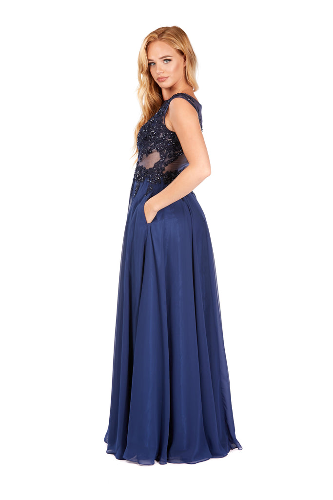 Melissa - Midnight Blue Lace Bodice Chiffon Dress
