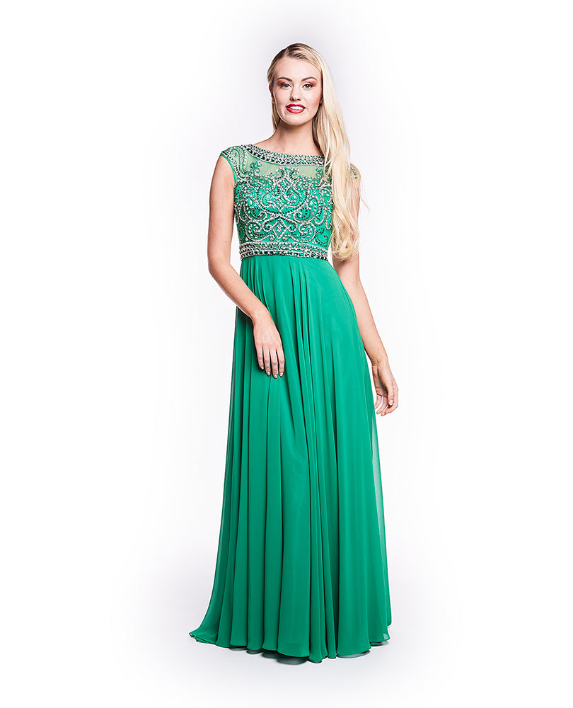 Millie - Beaded Bodice Green Chiffon Dress