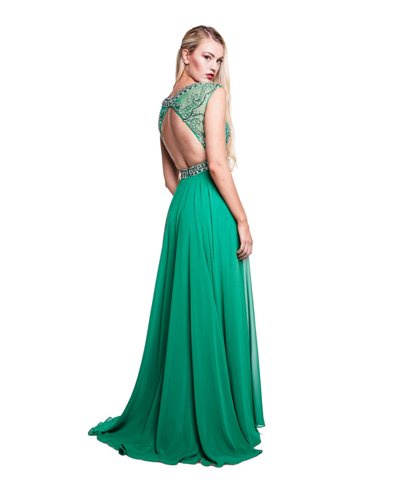 Millie - Beaded Bodice Green Chiffon Dress