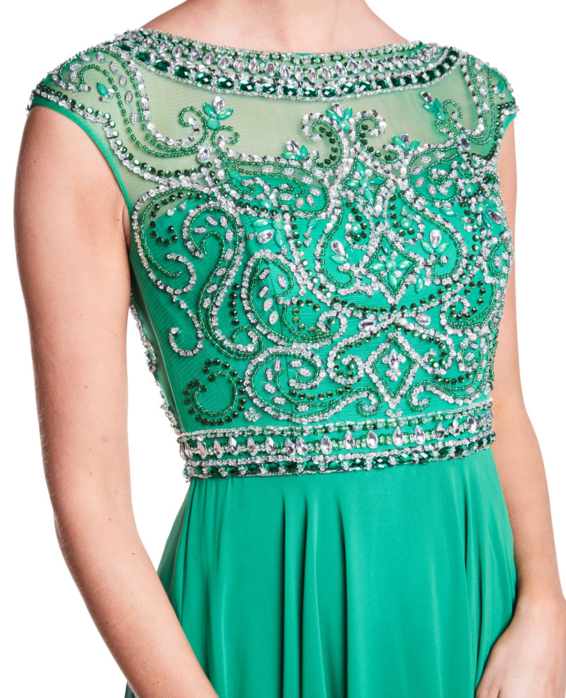 Millie - Beaded Bodice Green Chiffon Dress