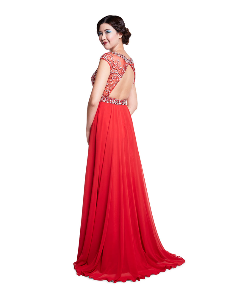 Millie - Beaded Bodice Red Chiffon Dress