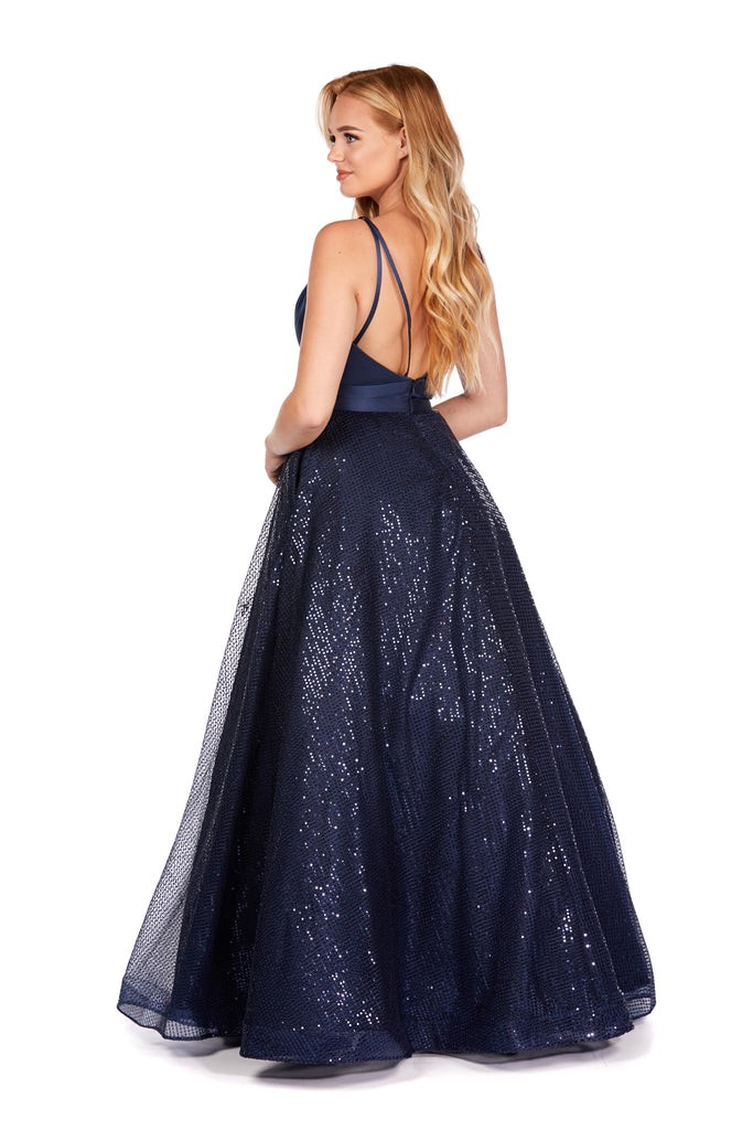 Rachel - Midnight Blue Satin Bodice And Full Sequined Ball Gown