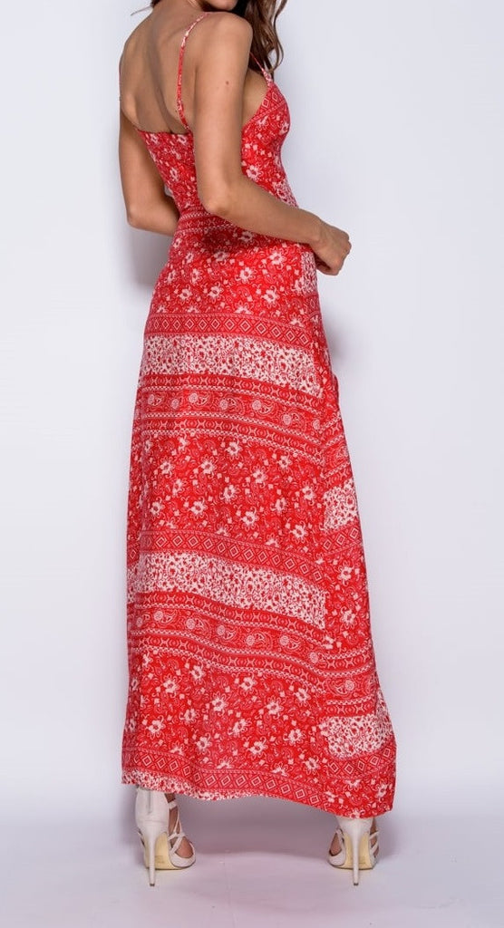 Back View of Red and White Floral Split Maxi Dress