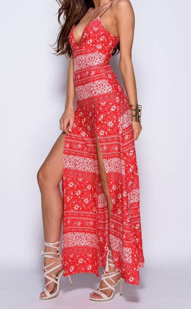 Side View of Red and White Floral Split Maxi Dress