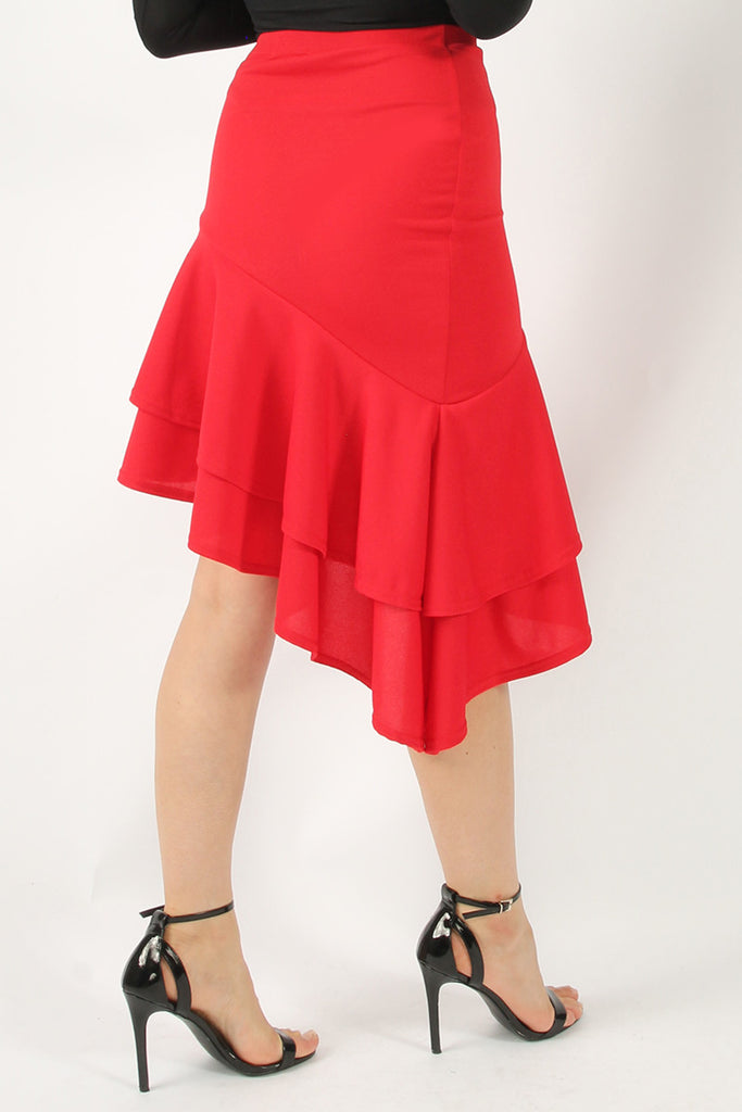 Ruffle Asymmetric Midi Skirt Red