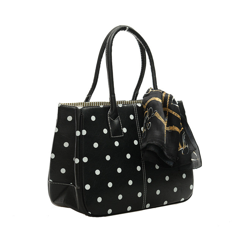Black Polka Dot Bag Tote Handbag With Scarf