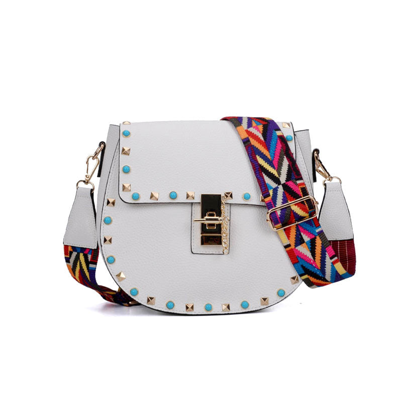 White Rivet Decoration Handbag With Embellished Strap