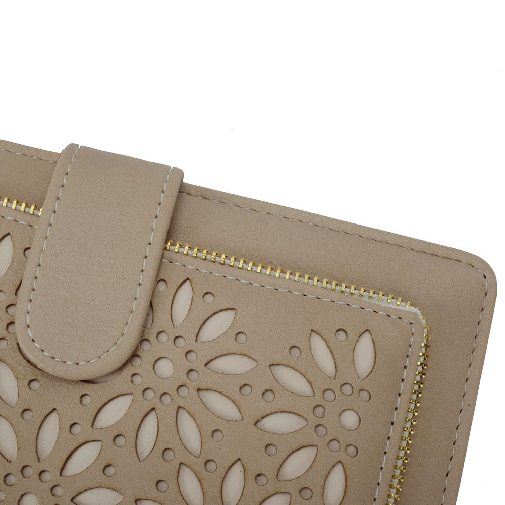 Close up of Beige Hollow Flower Pattern Wallet or Purse