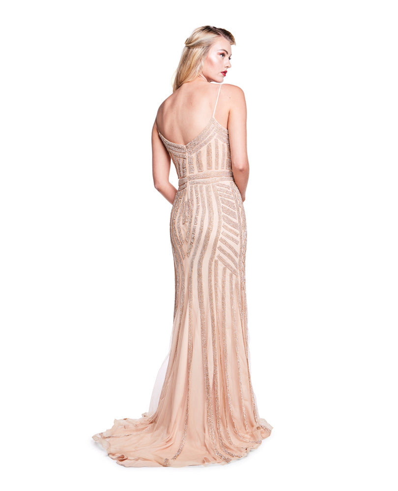 Vivian - Heavily Beaded Champagne Gold Gown
