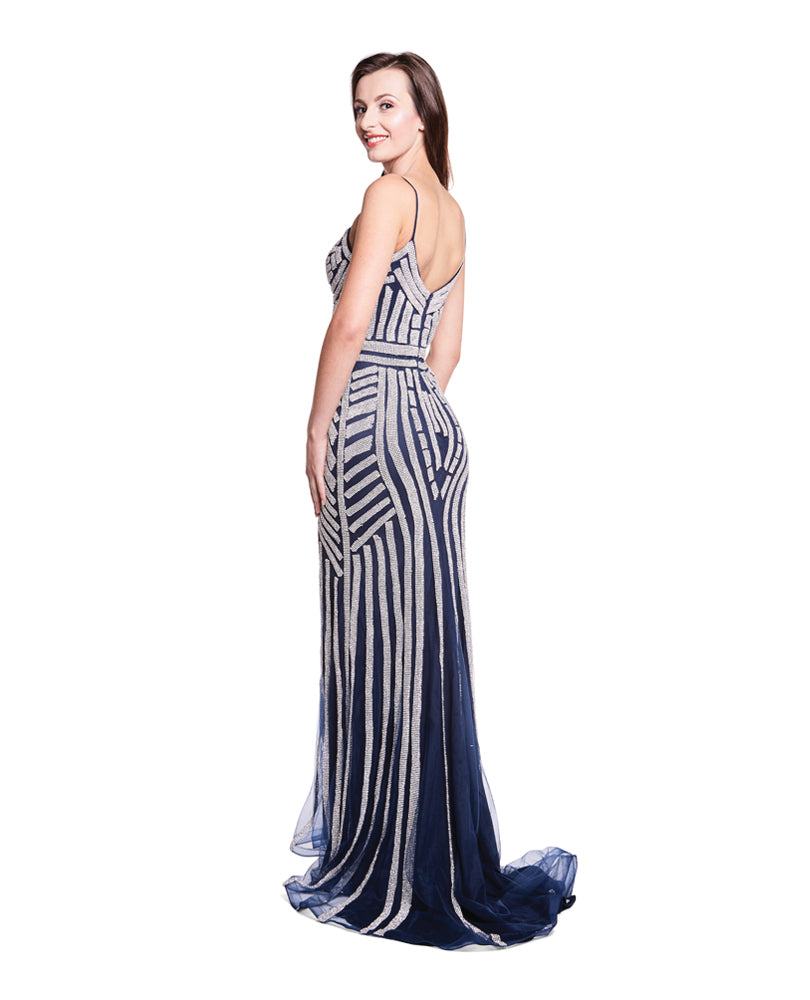Vivian - Heavily Beaded Midnight Silver Gown