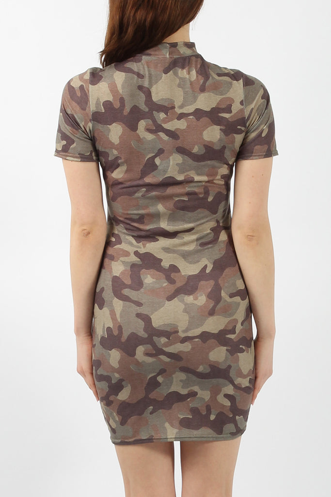 Khaki Camouflage Print Lace and Eyelet T-Shirt Dress