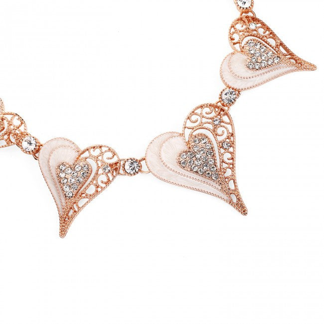 Rose Gold & Cream Filigree Hearts Necklace & Earrings Set