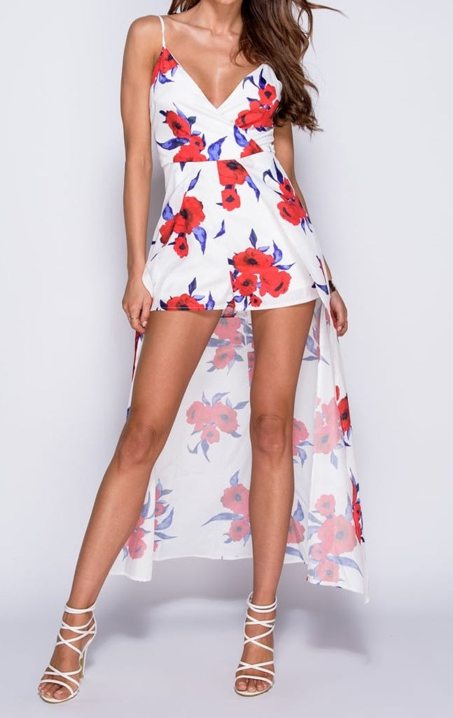 Red and White Floral Wrap Over Maxi Dress With Shorts