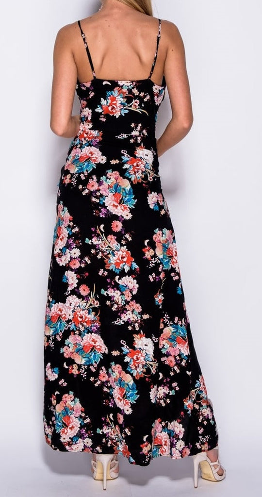 Black Flower Print Split Front Maxi Dress