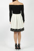 Long Sleeved Bardot Lace Skater Dress Ivory and Black