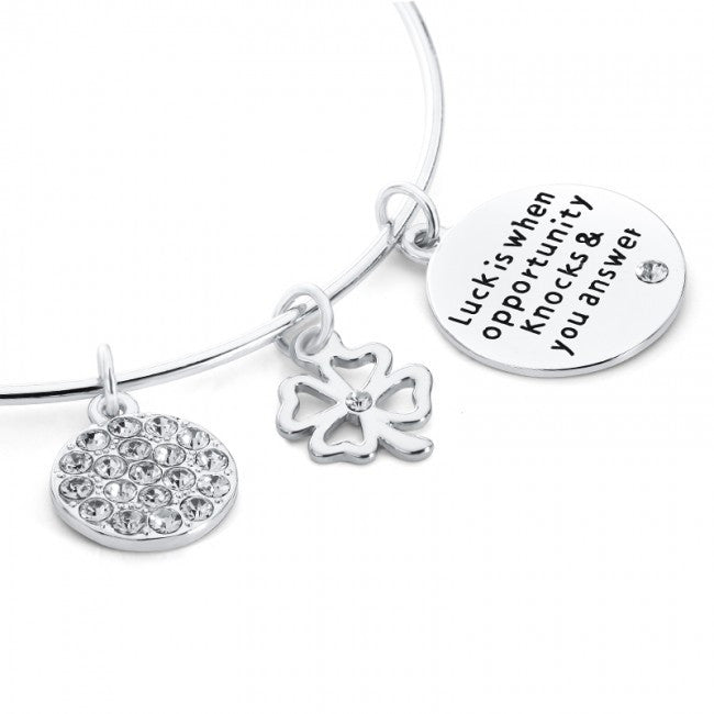 'Luck Is When Opportunity Knocks' Silver Tone Sentiment Bangle