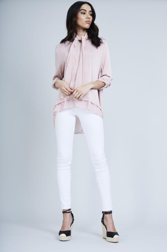 Baby Pink Button Detailed Split Back Scarf Top