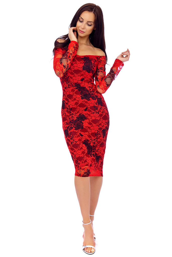 Red Floral Lace Long Sleeve Midi Dress