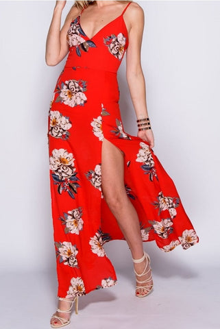 Red Floral Wrap Front Maxi Dress With Shorts