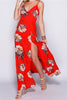 Full Length Front View of Red Floral Print Thigh Split Maxi Dress