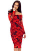 Red Floral Lace Long Sleeve Midi Dress