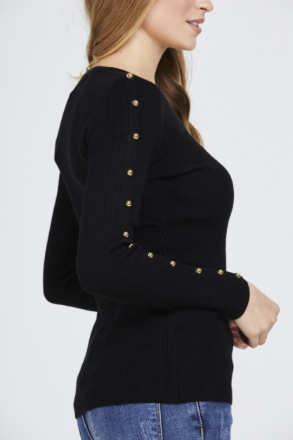 Black Studded Sleeve Ribbed Top