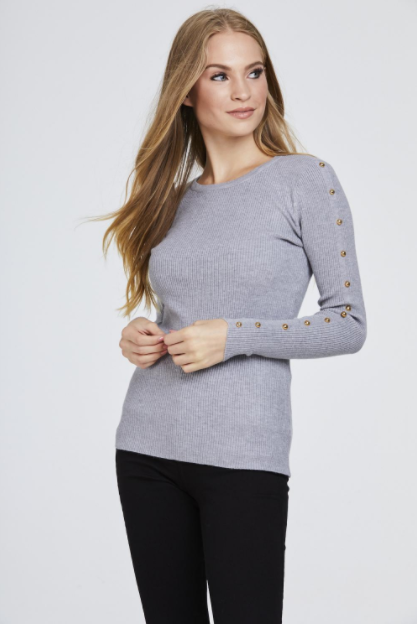 Grey Studded Sleeve Ribbed Top