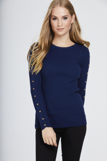 Blue Studded Sleeve Ribbed Top