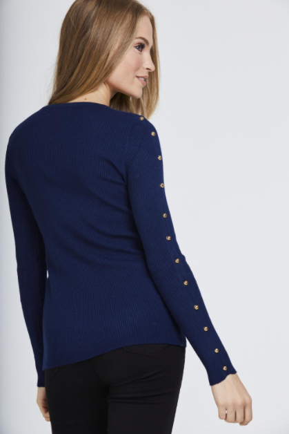 Navy Studded Sleeve Ribbed Top