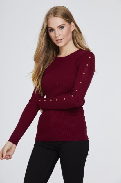 Red Studded Sleeve Ribbed Top