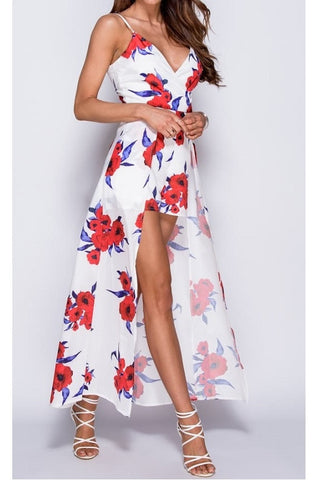 Red Floral Print Thigh Split Maxi Dress